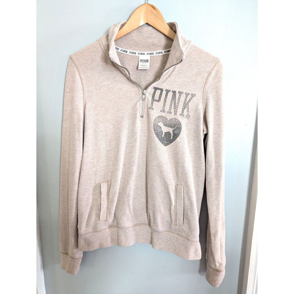 VS PINK VINTAGE 1/2 ZIP CREW SWEATSHIRT BEIGE DOG PUP HEART LOGO SMALL EUC
